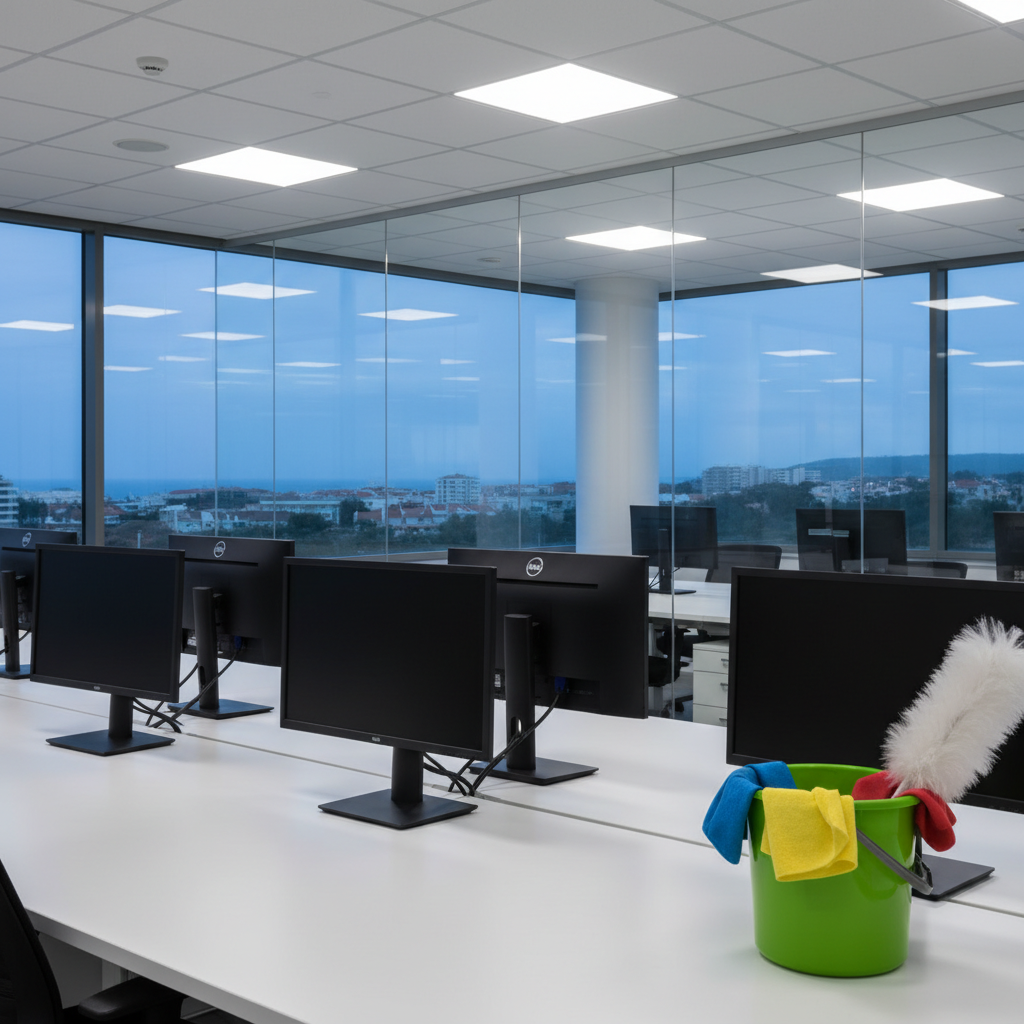 An immaculate, contemporary office in Ovar with glass partitions, a long white desk surface, and neatly aligned computer monitors turned off, suggesting the end of a workday. On the desk edge, a bright green cleaning bucket with color-coded microfiber cloths and a feather duster rests, indicating professional cleaning in progress without showing any people. Overhead LED lighting casts even, cool illumination, highlighting the dust-free monitors and streak-free glass walls. In the background, a softly blurred cityscape hints at a small coastal town environment. Photographic realism, slightly elevated angle, clean and modern aesthetic, projecting trust, efficiency, and the precision of Brisa Clean’s corporate cleaning services.