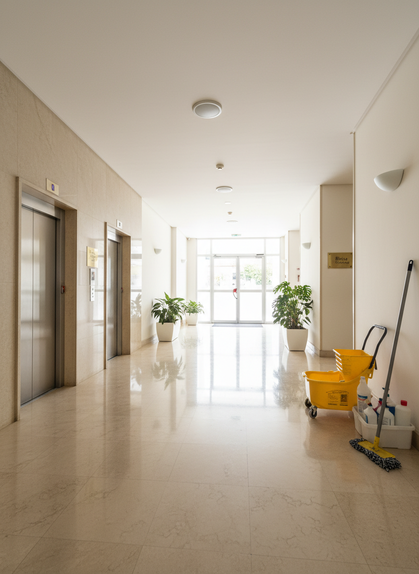 A pristine condominium building lobby in Ovar, featuring polished beige stone flooring, stainless steel elevator doors, and carefully maintained houseplants in sleek white planters. The floor shines with subtle reflections of the walls and planters, suggesting a recent thorough cleaning. Near the corner, a neatly assembled yellow mop bucket with a wringer, an upright mop, and a closed caddy of supplies sits ready, all logo-free. Soft, diffused overhead lighting and a hint of daylight from a glass entrance door bathe the space, creating an inviting, professional mood. Photographic realism, wide-angle shot with strong depth of field, capturing the entire lobby and emphasizing Brisa Clean’s meticulous condominium common-area maintenance.