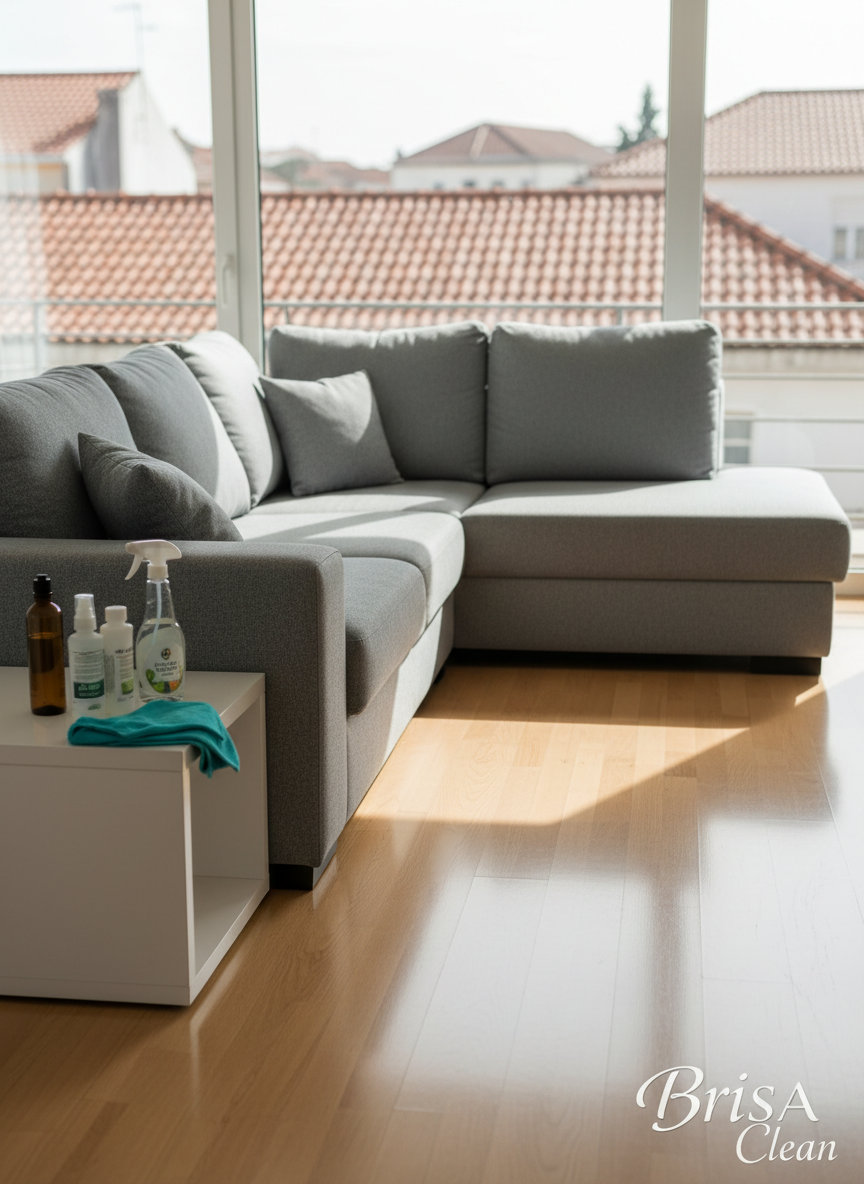 A spotless, modern living room in a residential apartment in Ovar, with gleaming light-wood floors and a large grey fabric sofa, captured just after a professional cleaning. A bright turquoise microfiber cloth, spray bottle, and neatly arranged eco-friendly cleaning products rest on a small white side table, their labels turned away. Large windows reveal a soft, out-of-focus glimpse of typical Portuguese tiled rooftops. Natural late-morning light floods the room, creating subtle reflections on the polished surfaces and gentle shadows under the furniture. Photographic realism at eye level, with sharp focus in the foreground and a softly blurred background, conveying freshness, comfort, and the satisfaction of a home impeccably cleaned by Brisa Clean.