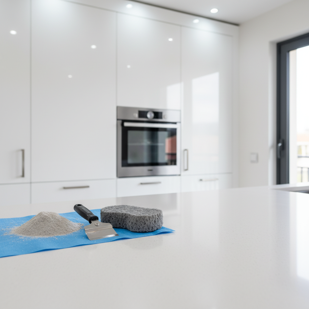 A detailed close-up of post-construction cleaning in a modern kitchen in Ovar: a spotless white countertop stretches across the frame, with a small pile of fine construction dust gathered neatly on a protective sheet, next to a clean scraper and heavy-duty sponge. In the background, newly installed cabinets and a built-in oven gleam, already wiped free of dust and fingerprints. Cool, bright overhead lighting combines with soft daylight from a nearby window, creating precise highlights on metal handles and a slight sheen on the countertop. Photographic realism with shallow depth of field, focusing on the transition from dust to spotless surface, capturing the transformation that Brisa Clean delivers after obras.