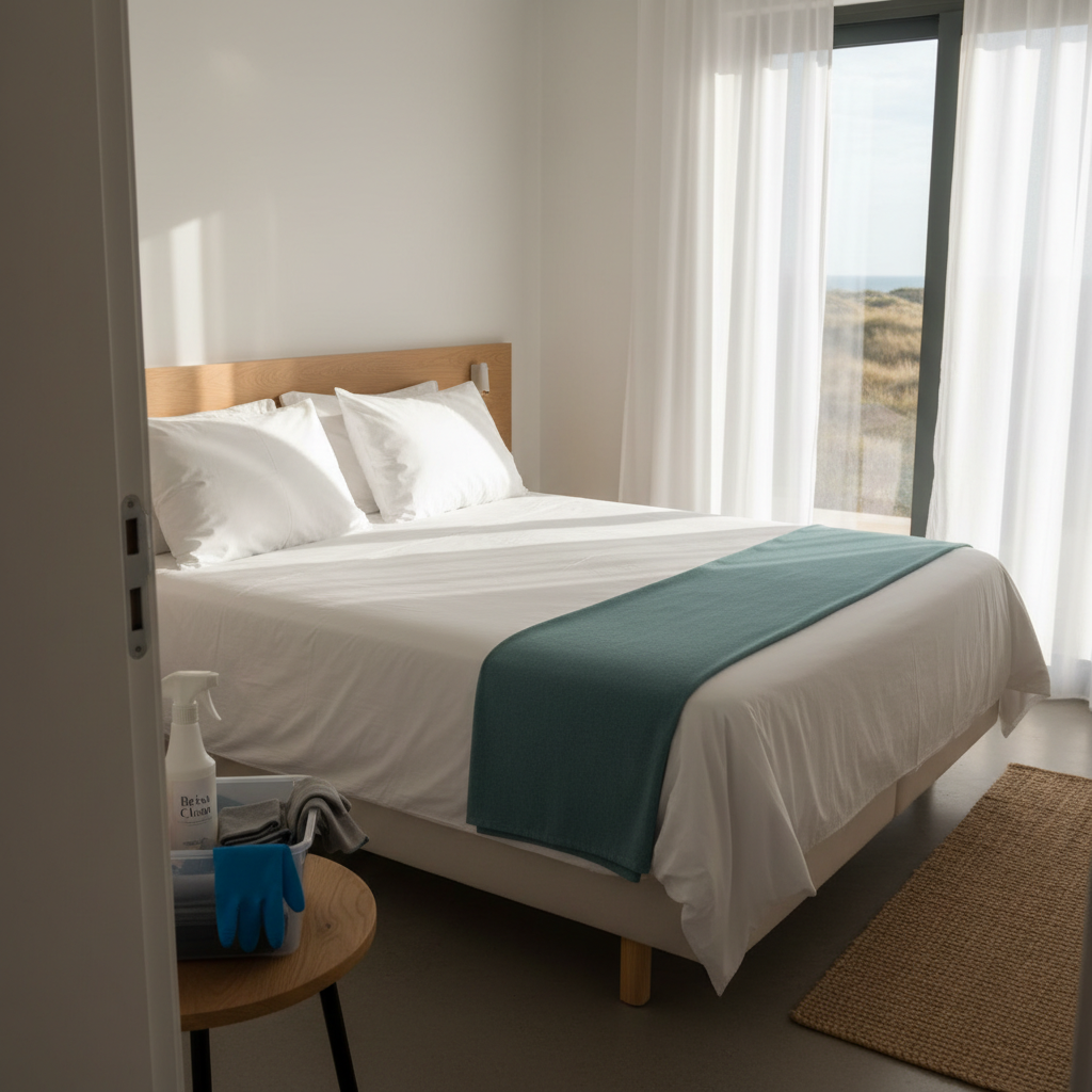 A bright, minimalist local accommodation bedroom prepared for new guests in the Ovar region, with crisp white bedding perfectly smoothed, a folded teal throw at the foot of the bed, and two fluffed pillows symmetrically aligned. On the bedside table, a small, neat cleaning caddy with gloves, microfiber cloths, and a neutral spray bottle subtly indicates professional service without clutter. Afternoon natural light enters through sheer curtains, creating soft highlights on the duvet and gentle shadows in the room’s corners. A sliding glass door reveals a faint suggestion of nearby coastal dunes out of focus. Photographic realism, shot at a slight diagonal from the door, conveying hospitality-level cleanliness, order, and Brisa Clean’s care for alojamentos locais.